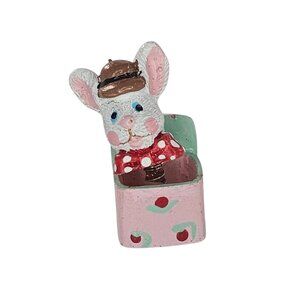 Miniature Bunny Rabbit Jack In The Box Dollhouse Figurine Pink Rose Hand Painted